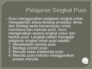  Guru

menggunakan pelajaran singkat untuk
mengajarkan siswa tentang prosedur, tema,
dan strategi serta kemampuan untuk
membaca dan menulis puisi. Guru
mengenalkan secara singkat unsur dan
bentuk puisi. Langkah dalam mengajar
pelajaran singkat untuk puisi adalah:
1. Menjelaskan bentuk puisi
2. Berbagi contoh puisi
3. Menulis kelas kolaborasi puisi
4. Menulis puisi individu menggunakan
proses menulis

 