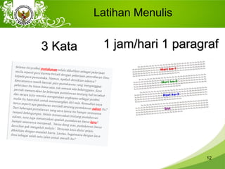 Latihan Menulis
12
3 Kata3 Kata 1 jam/hari 1 paragraf1 jam/hari 1 paragraf
 