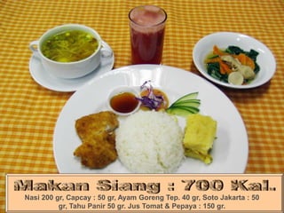 Nasi 200 gr, Capcay : 50 gr, Ayam Goreng Tep. 40 gr, Soto Jakarta : 50
gr, Tahu Panir 50 gr. Jus Tomat & Pepaya : 150 gr.
 