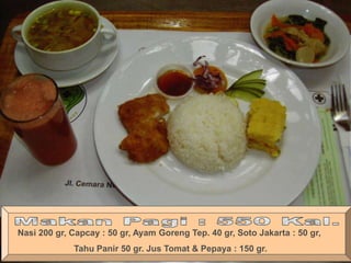 Nasi 200 gr, Capcay : 50 gr, Ayam Goreng Tep. 40 gr, Soto Jakarta : 50 gr,
Tahu Panir 50 gr. Jus Tomat & Pepaya : 150 gr.
 