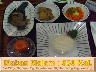 Nasi 200 gr ,Sup Sayur 75gr, Tempe Mendoan 50gr,Ikan Goreng 45 gr,Jeruk 55 gr
 