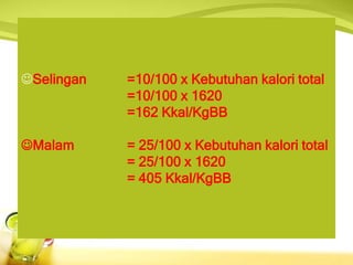 Selingan =10/100 x Kebutuhan kalori total
=10/100 x 1620
=162 Kkal/KgBB
Malam = 25/100 x Kebutuhan kalori total
= 25/100 x 1620
= 405 Kkal/KgBB
 