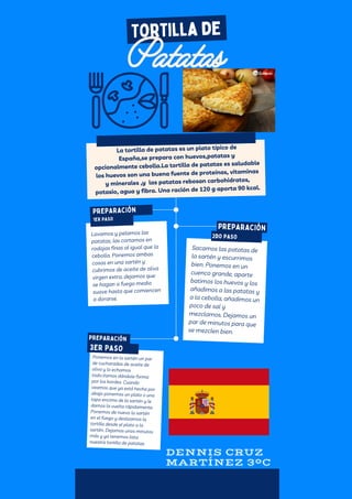 Tortilla de
Ponemos en la sartén un par
de cucharadas de aceite de
oliva y lo echamos
todo.Vamos dándole forma
por los bordes. Cuando
veamos que ya está hecha por
abajo ponemos un plato o una
tapa encima de la sartén y le
damos la vuelta rápidamente.
Ponemos de nuevo la sartén
en el fuego y deslizamos la
tortilla desde el plato a la
sartén. Dejamos unos minutos
más y ya tenemos lista
nuestra tortilla de patatas.
PREPARACIÓN
Patatas
Sacamos las patatas de
la sartén y escurrimos
bien. Ponemos en un
cuenco grande, aparte
batimos los huevos y los
añadimos a las patatas y
a la cebolla, añadimos un
poco de sal y
mezclamos. Dejamos un
par de minutos para que
se mezclen bien.
La tortilla de patatas es un plato típico de
España,se prepara con huevos,patatas y
opcionalmente cebolla.La tortilla de patatas es saludable
los huevos son una buena fuente de proteínas, vitaminas
y minerales ,y las patatas rebosan carbohidratos,
potasio, agua y fibra. Una ración de 120 g aporta 90 kcal.
Lavamos y pelamos las
patatas, las cortamos en
rodajas finas al igual que la
cebolla. Ponemos ambas
cosas en una sartén y
cubrimos de aceite de oliva
virgen extra, dejamos que
se hagan a fuego medio
suave hasta que comiencen
a dorarse.
PREPARACIÓN
3ER PASO
PREPARACIÓN
2DO PASO
1ER PASO
DENNIS CRUZ
MARTÍNEZ 3ºC
 