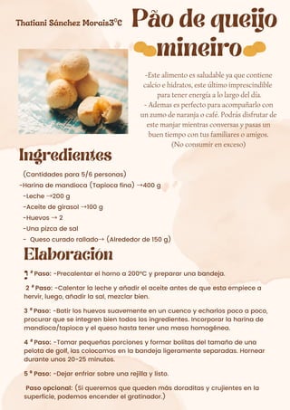 Pão de queijo
mineiro
(Cantidades para 5/6 personas)
-Harina de mandioca (Tapioca fina) →400 g
-Leche →200 g
-Aceite de girasol →100 g
-Huevos →2
-Una pizca de sal
- Queso curado rallado→(Alrededor de 150 g)
Ingredientes
Elaboración
:1 ⁰ Paso: -Precalentar el horno a 200ºC y preparar una bandeja.
2 ⁰ Paso: -Calentar la leche y añadir el aceite antes de que esta empiece a
hervir, luego, añadir la sal, mezclar bien.
3 ⁰ Paso: -Batir los huevos suavemente en un cuenco y echarlos poco a poco,
procurar que se integren bien todos los ingredientes. Incorporar la harina de
mandioca/tapioca y el queso hasta tener una masa homogénea.
4 ⁰ Paso: -Tomar pequeñas porciones y formar bolitas del tamaño de una
pelota de golf, las colocamos en la bandeja ligeramente separadas. Hornear
durante unos 20-25 minutos.
5 ⁰ Paso: -Dejar enfriar sobre una rejilla y listo.
Paso opcional: (Si queremos que queden más doraditas y crujientes en la
superficie, podemos encender el gratinador.)
Thatiani Sánchez Morais3⁰C
-Este alimento es saludable ya que contiene
calcio e hidratos, este último imprescindible
para tener energía a lo largo del día.
- Ademas es perfecto para acompañarlo con
un zumo de naranja o café. Podrás disfrutar de
este manjar mientras conversas y pasas un
buen tiempo con tus familiares o amigos.
(No consumir en exceso)
 