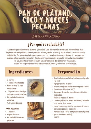 Ingredientes Preparación
3 huevos
1 plátano machacado
60ml de miel (u otro
endulzante)
120gr de harina de trigo
sarraceno (u otra harina)
Un puñado de nueces
pecanas
½ tz Leche de coco
1 plátano
Copos de coco
Un puñado de nueces
pecanas
PARA DECORAR:
PAN DE PLÁTANO,
COCO Y NUECES
PECANAS
LOREDANA ÁVILA ZAHAN


Contiene principalmente plátano y nueces. Los elementos minerales y nutrientes más
importantes del plátano son el potasio, el magnesio, el zinc y fibras siendo una fruta muy
saludable. Es recomendado para personas con niveles altos de colesterol. Las nueces
facilitan el desarrollo muscular. Contienen vitaminas del grupo B, como la vitamina B1 y
la B6, que favorecen el buen funcionamiento del cerebro y músculos.
Todos los ingredientes utilizados son naturales y no están procesados.


Bate los huevos y añade el plátano machacado
y la miel
Agrega la leche de coco
Una vez integrado añade la harina poco a poco
Precalienta el horno a 180°C
Asegúrate de que los ingredientes estén bien
mezclados
Añade la masa a un molde
Corta un plátano de forma horizontal y añádelo
en el medio de la masa
Luego esparce por encima los copos de coco y
las nueces pecanas troceadas
Hornéalo 30 a 180°C (comprueba con un palillo
que la masa esté hecha)
¡LISTO!
¿Por qué es saludable?
 