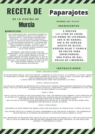 RECETA DE
N O M B R E D E L P L A T O
I N G R E D I E N T E S
D E L A C O C I N A D E
BENEFICIOS
I N S T R U C C I O N E S
Paparajotes
Murcia


2 H U E V O S
1 / 2 L I T R O D E L E C H E .
1 / 2 S O B R E D E L E V A D U R A .
5 0 0 G D E H A R I N A .
1 0 0 G D E A Z Ú C A R .
A C E I T E D E O L I V A .
A Z Ú C A R G L A S Y C A N E L A
E N P O L V O P A R A
E S P O L V O R E A R .
U N A P I Z C A D E S A L .
H O J A S D E L I M O N E R O .


P A S O 1 . R E A L I Z A R L A M A S A .
E N U N R E C I P I E N T E A M P L I O , B A T I R L O S H U E V O S Y A G R E G A R L A P I Z C A D E S A L , L A L E V A D U R A Y L A L E C H E . A Ñ A D I R
L A R A S P A D U R A D E L I M Ó N , D O S C U C H A R A D A S G R A N D E S D E A Z Ú C A R Y , P O C O A P O C O , L A H A R I N A Q U E A D M I T A ,
H A S T A C O N S E G U I R U N A M A S A N O M U Y E S P E S A .
L A M A S A D E B E S E R C O N S I S T E N T E C O M O P A R A A D H E R I R S E A L A H O J A .
P A S O 2 . U N T A R L A S H O J A S .
L A S H O J A S D E L I M O N E R O S E I M P R E G N A N E N L A M A S A H A S T A Q U E D A R C O M P L E T A M E N T E R E B O Z A D A S P O R A M B A S
C A R A S . P A R A E L L O P R E V I A M E N T E E S N E C E S A R I O L A V A R L A S A C O N C I E N C I A . L U E G O S E S U M E R G E N E N E L B O L C O N
L A M A S A Y D E A H Í D I R E C T A M E N T E A L A S A R T É N .
P A S O 3 . F R E Í R .
C O N E L A C E I T E C A L I E N T E S E V A N C O L O C A N D O U N O A U N O L O S B U Ñ U E L O S Q U E F O R M A N L A H O J A R E B O Z A D A E N
E L I N T E R I O R D E L A S A R T É N . S E D E B E N V O L T E A R C O N C U I D A D O P A R A N O D E S P R E N D E R L A M A S A D E L A H O J A O
B I E N P O N E R A C E I T E S U F I C I E N T E P A R A Q U E S E D O R E N P O R A M B A S C A R A S .
U N A V E Z Q U E E L P A P A R A J O T E E S T Á B I E N D O R A D I T O S E R E T I R A D E L A S A R T É N Y S E C O L O C A S O B R E P A P E L
A B S O R B E N T E P A R A R E T I R A R E L E X C E S O D E A C E I T E .
P A S O 4 . E S P O L V O R E A R .
F I N A L M E N T E S E E S P O L V O R E A N P O R A M B A S C A R A S C O N U N A M E Z C L A D E A Z Ú C A R G L A S Y C A N E L A E N P O L V O .
E S T E P O S T R E T Í P I C O D E L A H U E R T A S E S U E L E A C O M P A Ñ A R D E U N V I N O D U L C E O M I S T E L A . L O S C O M E N S A L E S
G U S T A N M U C H O D E A L T E R N A R L O S B O C A D O S A L P A P A R A J O T E C O N E L S O R B O A L L I C O R .
M U Y I M P O R T A N T E E S R E C O R D A R P A R A A Q U E L L O S Q U E S E A C E R C A N P O R P R I M E R A V E Z A E S T E D E L I C I O S O P O S T R E
Q U E L A H O J A D E L I M Ó N Q U E C O N T I E N E N O D E B E C O M E R S E P U E S E S M U Y I N D I G E S T A . S E U S A S Ó L O P A R A
A D O R N A R Y C O N D I M E N T A R L A M A S A .
L O S P A P A R A J O T E S S O N S A L U D A B L E S P O R Q U E L A
H O J A D E L L I M O N E R O E S R I C A E N V I T A M I N A C Y
Á C I D O C Í T R I C O , L O S H U E V O S P R O P O R C I O N A N
P R O T E Í N A S , L A L E C H E A P O R T A P R O T E Í N A S Y
C A L C I O , E L A C E I T E D E O L I V A C O N T I E N E V I T A M I N A
E Y A N T I O X I D A N T E S N A T U R A L E S , L A H A R I N A N O S
A P O R T A C A L O R Í A S V A C Í A S , L A C A N E L A E S U N A
B U E N A F U E N T E D E H I E R R O , C A L C I O , F I B R A ,
V I T A M I N A S C Y E L A Z Ú C A R A P O R T A E N E R G Í A P E R O
N O S E D E B E A B U S A R .
E N G E N E R A L S O N B E N E F I C I O S O S P O R S U S
I N G R E D I E N T E S P E R O L L E V A N M U C H A C A N T I D A D D E
A Z Ú C A R Y N O S E D E B E N A B U S A R D E E L L O S ,
A U N Q U E P U E D E N S E R M Á S S A L U D A B L E S Y A Q U E S E
P U E D E C A M B I A R L A L E C H E N O R M A L P O R L E C H E S I N
L A C T O S A , N O P O N E R L E H U E V O Y E N S U S T I T U C I Ó N
D E L A Z Ú C A R P U E D E P O N E R S E X I L I T O L ( U N
E D U L C O R A N T E S I N A Z Ú C A R ) .
 