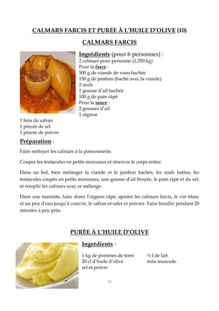 15
CALMARS FARCIS ET PURÉE À L’HUILE D’OLIVE (10)
CALMARS FARCIS
Ingrédients (pour 6 personnes) :
2 calmars pour personne (1,250 kg)
Pour la farce :
500 g de viande de veau hachée
150 g de jambon (haché avec la viande)
2 œufs
1 gousse d’ail hachée
100 g de pain râpé
Pour la sauce :
2 gousses d’ail
1 oignon
1 brin de safran
1 pincée de sel
1 pincée de poivre
Préparation :
Faire nettoyer les calmars à la poissonnerie.
Couper les tentacules en petits morceaux et réserver le corps entier.
Dans un bol, bien mélanger la viande et le jambon hachés, les œufs battus, les
tentacules coupés en petits morceaux, une gousse d’ail broyée, le pain râpé et du sel,
et remplir les calmars avec ce mélange.
Dans une marmite, faire dorer l’oignon râpé, ajouter les calmars farcis, le vin blanc
et un peu d’eau jusqu’à couvrir, le safran et saler et poivrer. Faire bouillir pendant 20
minutes à peu près.
PURÉE À L’HUILE D’OLIVE
Ingrédients :
1 kg de pommes de terre ½ l de lait
20 cl d’huile d’olive noix muscade
sel et poivre
 