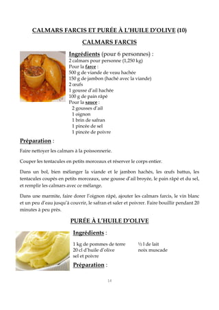 14
CALMARS FARCIS ET PURÉE À L’HUILE D’OLIVE (10)
CALMARS FARCIS
Ingrédients (pour 6 personnes) :
2 calmars pour personne (1,250 kg)
Pour la farce :
500 g de viande de veau hachée
150 g de jambon (haché avec la viande)
2 œufs
1 gousse d’ail hachée
100 g de pain râpé
Pour la sauce :
2 gousses d’ail
1 oignon
1 brin de safran
1 pincée de sel
1 pincée de poivre
Préparation :
Faire nettoyer les calmars à la poissonnerie.
Couper les tentacules en petits morceaux et réserver le corps entier.
Dans un bol, bien mélanger la viande et le jambon hachés, les œufs battus, les
tentacules coupés en petits morceaux, une gousse d’ail broyée, le pain râpé et du sel,
et remplir les calmars avec ce mélange.
Dans une marmite, faire dorer l’oignon râpé, ajouter les calmars farcis, le vin blanc
et un peu d’eau jusqu’à couvrir, le safran et saler et poivrer. Faire bouillir pendant 20
minutes à peu près.
PURÉE À L’HUILE D’OLIVE
Ingrédients :
1 kg de pommes de terre ½ l de lait
20 cl d’huile d’olive noix muscade
sel et poivre
Préparation :
 