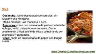 Día 1
•Desayuno: leche desnatada con cereales, sin
azúcar y una manzana.
•Media mañana: una manzana o pera.
•Almuerzo: come una ensalada de pasta con tomate,
lechuga, maíz, pavo y huevo sin yema. Como
condimento, utiliza aceite de olivas combinando con
espinacas y garbanzos.
•Cena: come un emparedado de papas con lengua
asada.
www.ComidasCurativas.blogspot.com
 