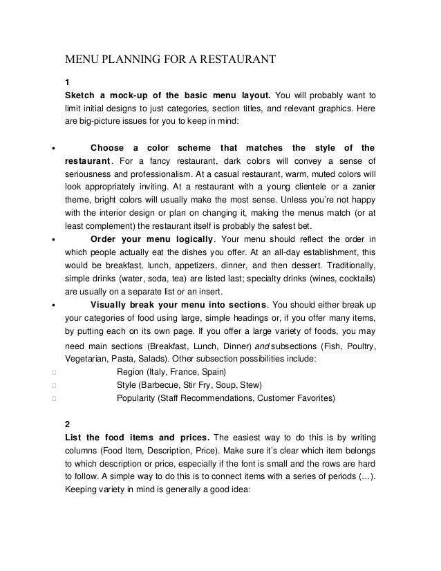 menu planning for a restaurant