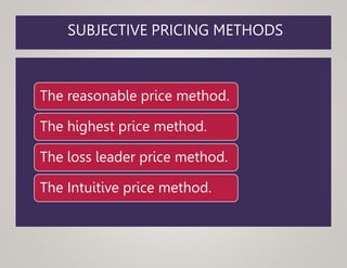 SUBJECTIVE PRICING METHODS
The reasonable price method.
The highest price method.
The loss leader price method.
The Intuitive price method.
 
