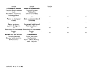 DINER DINER DINER
Choux-fleurs mimosa
Carottes ( local) râpée au
maïs
Macédoine mayonnaise
Salade de blédor
Salade de pois chiches
Friand au fromage
Pâté de foie
Salade bar cuidités
*** *** *** *** ***
Penne au chorizo et
basilic
Colin sauce colombo et
coriandre
*** *** *** *** ***
Penne au beurre
Julienne de légumes
Epinards à la béchamel
Polenta au beurre
*** *** *** *** ***
Assortiment de fromages et
laitages
Assortiment de fromages et
laitages
*** *** *** *** ***
Mousse à la noix de coco
Compote d'ananas
Douceur lactée au citron
Fruit de saison
Fruit de saison
Crême aux mûres
Gaufre créole
Panna cotta au fromage
blanc à la poire
Semaine du 11 au 17 Mai
 
