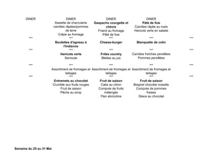 DINER DINER DINER DINER
Assiette de charcuterie
carottes râpées/pommes
de terre
Crêpe au fromage
Gaspacho courgette et
chèvre
Friand au fromage
Pâté de foie
Pâté de foie
Carottes râpée au maïs
Haricots verts en salade
*** *** *** *** ***
Boulettes d'agneau à
l'Indienne
Cheese-burger Blanquette de colin
*** *** *** *** ***
Haricots verts
Semoule
Frites country
Blettes au jus
Carottes fraîches persillées
Pommes persillées
*** *** *** *** ***
Assortiment de fromages et
laitages
Assortiment de fromages et
laitages
Assortiment de fromages et
laitages
*** *** *** *** ***
Entremets au chocolat
Crumble aux fruits rouges
Fruit de saison
Pêche au sirop
Fruit de saison
Cake au citron
Compote de fruits
mélangés
Flan abricotine
Fruit de saison
Beignet chocolat noisette
Compote de pommes
fraises
Glace au chocolat
Semaine du 25 au 31 Mai
 