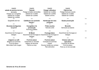 DINER DINER DINER DINER
salade de pomme de terre
au curry
Potage aux courgettes
Salade bar crudités
Salade bar cuidités
Taboulé
Potage tomates vermicelles
Salade bar crudités
Salade bar cuidités
Potage cultivateur
Salade bar crudités
Salade bar cuidités
Salade corinne
Pâté de foie
Potage freneuse (navet)
Salade bar crudités
Salade bar cuidités
*** *** *** *** ***
Spaghettis del mar Cabillaud a la coraindre
fraiche *
Hamburger de veau
jurassien
Daube provençale
*** *** *** *** ***
Brunoise de légumes
Spaghetti
Courgettes à la
provençale
Pommes poêlées
Frites country
Haricots verts
Brocolis
Semoule aux épices
*** *** *** *** ***
Assortiment de fromages et
laitages
St Moret
Assortiment de fromages et
laitages
Fromage blanc
Assortiment de fromages et
laitages
Assortiment de fromages et
laitages
*** *** *** *** ***
Liégeois au café
Beignet aux pommes
Fruit de saison
Milk shake fruits rouges
Fruit de saison
Entremets au chocolat
Gâteau de semoule
Pêche au sirop
Fruit de saison
Compote de pommes
fraises
Douceur lactée aux cerises
Flan abricotine
Cheese cake aux
speculoos
Compote de pêches
Fruit de saison
Poire au vin de cannelle
Semaine du 19 au 25 Janvier
 