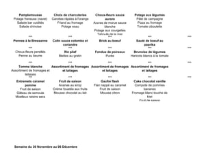 Pamplemousse
Potage freneuse (navet)
Salade bar cuidités
Salade chinoise
Choix de charcuteries
Carottes râpées à l'orange
Friand au fromage
Potage esau
Choux-fleurs sauce
aurore
Accras de morue sauce
blanche
Potage aux courgettes
Taboulé de la mer
Potage aux légumes
Pâté de campagne
Pizza au fromage
Tomate ciboulette
*** *** *** *** ***
Pennes à la Bressanne Colin sauce colombo et
coriandre
Brick au boeuf Sauté de boeuf au
paprika
*** *** *** *** ***
Choux-fleurs persillés
Penne au beurre
Riz pilaf
Blettes au gratin
Fondue de poireaux
Purée
Brunoise de légumes
Haricots blancs à la tomate
*** *** *** *** ***
Tomme blanche
Assortiment de fromages et
laitages
Assortiment de fromages
et laitages
Assortiment de fromages
et laitages
Assortiment de fromages
et laitages
*** *** *** *** ***
Entremets caramel
pomme
Fruit de saison
Gâteau de semoule
Moelleux raisins secs
Fruit de saison
Ananas au sirop
Crème fouetée aux fruits
Mousse chocolat au lait
Gaufre flash
Flan nappé au caramel
Fruit de saison
Mousse citron
Cake chocolat vanille
Compote de pommes
bananes
Fromage blanc touche de
kiwi
Fruit de saison
Semaine du 30 Novembre au 06 Décembre
 