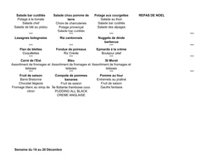 Salade bar cuidités
Potage à la tomate
Salade chef
Salade de blé au pistou
Salade chou pomme de
terre
Choix de charcuteries
Potage provençal
Salade bar cuidités
Potage aux courgettes
Salade au thon
Salade bar cuidités
Salade des alpages
REPAS DE NOEL
*** *** *** ***
Lasagnes bolognaise Riz cantonnais Nuggets de dinde
barbecue
*** *** *** ***
Flan de blettes
Coquillettes
Fondue de poireaux
Riz Créole
Epinards à la crème
Boulgour pilaf
*** *** *** ***
Carré de l'Est
Assortiment de fromages et
laitages
Bleu
Assortiment de fromages et
laitages
St Moret
Assortiment de fromages et
laitages
*** *** *** ***
Fruit de saison
Barre Bretonne
Chocolat liégeois
Fromage blanc au sirop de
citron
Compote de pommes
bananes
Fruit de saison
Île flottante framboise coco
PUDDING ALL BLACK
CREME ANGLAISE
Pomme au four
Entremets au praliné
Fruit de saison
Gaufre fantasia
Semaine du 14 au 20 Décembre
 