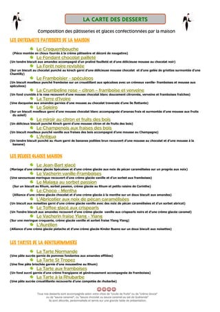 Composition des pâtisseries et glaces confectionnées par la maison
LES ENTREMETS PATISSIERS DELES ENTREMETS PATISSIERS DELES ENTREMETS PATISSIERS DELES ENTREMETS PATISSIERS DE LA MAISONLA MAISONLA MAISONLA MAISON
Le Croquembouche
(Pièce montée en choux fourrés à la crème pâtissière et décoré de nougatine)
Le Fondant chocolat pailleté
(Un tendre biscuit aux amandes accompagné d’un praliné feuilleté et d’une délicieuse mousse au chocolat noir)
La Forêt noire revisitée
(Sur un biscuit au chocolat punché au kirsch garni d’une délicieuse mousse chocolat et d’une gelée de griottes surmontée d’une
Chantilly)
Le Framboisier - spéculoos
(Un biscuit moelleux punché framboise sur un croustillant aux spéculoos avec un crémeux vanille- framboises et mousse aux
spéculoos)
La Crumbeline rose – citron – framboise et verveine
(Un fond crumble à la rose recouvert d’une mousse chocolat blanc doucement citronnée, verveine et framboises fraîches)
La Terre d’Ivoire
(Une dacquoise aux amandes garnies d’une mousse au chocolat traversée d’une île flottante)
Le Soleiro
(Sur un biscuit moelleux garni d’une mousse chocolat blanc accompagnée d’ananas frais et surmontée d’une mousse aux fruits
du soleil)
Le miroir au citron et fruits des bois
(Un délicieux biscuit punché Kirsch garni d’une mousse citron et de fruits des bois)
Le Champenois aux fraises des bois
(Un biscuit moelleux punché vanille aux fraises des bois accompagné d’une mousse au Champagne)
L’Antigua
(Un tendre biscuit punché au rhum garni de bananes poêlées brun recouvert d’une mousse au chocolat et d’une mousse à la
banane)
LES DELICES GLACES MAISONLES DELICES GLACES MAISONLES DELICES GLACES MAISONLES DELICES GLACES MAISON
Le Jean-Bart glacé
(Mariage d’une crème glacée Spéculoos et d’une crème glacée aux noix de pécan caramélisées sur un progrès aux noix)
Le Vacherin vanille-Framboises
(Une savoureuse meringue recouvert d’une crème glacée vanille et d’un sorbet aux framboises)
Le Malaga au sorbet passion
(Sur un biscuit au Rhum, sorbet passion, crème glacée au Rhum et petits raisins de Corinthe)
Le Choco - Mentha
(Alliance d’une crème glacée chocolat et d’une crème glacée à la menthe sur un doux biscuit aux amandes)
L’Abricotier aux noix de pécan caramélisées
(Un biscuit aux noisettes garni d’une crème glacée vanille avec des noix de pécan caramélisées et d’un sorbet abricot)
Le Toffee glacé aux crispearls
(Un Tendre biscuit aux amandes recouvert d’une crème glacée vanille aux crispearls noirs et d’une crème glacée caramel)
Le Vacherin fraise Ylang - Ylang
(Sur une meringue croquante, crème glacée vanille et sorbet fraise Ylang Ylang)
L’Aurélien
(Alliance d’une crème glacée pistache et d’une crème glacée Kinder Bueno sur un doux biscuit aux noisettes)
LES TARTES DE LA GENTILHOMMIERELES TARTES DE LA GENTILHOMMIERELES TARTES DE LA GENTILHOMMIERELES TARTES DE LA GENTILHOMMIERE
La Tarte Normande
(Une pâte sucrée garnie de pommes fondantes aux amandes effilées)
La Tarte St Tropez
(Une fine pâte briochée garnie d’une mousseline au Rhum)
La Tarte aux framboises
(Un fond sucré garnie d’une crème frangipane et généreusement accompagnée de framboises)
La Tarte à la Rhubarbe
(Une pâte sucrée croustillante recouverte d’une compotée de rhubarbe)
☺☺☺☺☺☺☺☺☺☺☺☺☺☺☺☺
Tous nos desserts sont accompagnés selon votre choix de "coulis de fruits" ou de "crème douce"Tous nos desserts sont accompagnés selon votre choix de "coulis de fruits" ou de "crème douce"Tous nos desserts sont accompagnés selon votre choix de "coulis de fruits" ou de "crème douce"Tous nos desserts sont accompagnés selon votre choix de "coulis de fruits" ou de "crème douce"
ou de "sauce caramel", ou "sauce chocolat ou sauce caramel au sel de Guérande"ou de "sauce caramel", ou "sauce chocolat ou sauce caramel au sel de Guérande"ou de "sauce caramel", ou "sauce chocolat ou sauce caramel au sel de Guérande"ou de "sauce caramel", ou "sauce chocolat ou sauce caramel au sel de Guérande"
Ils sont décorésIls sont décorésIls sont décorésIls sont décorés, personnalisés et servis sur une grande table de présentation., personnalisés et servis sur une grande table de présentation., personnalisés et servis sur une grande table de présentation., personnalisés et servis sur une grande table de présentation.
LA CARTE DES DESSERTS
 