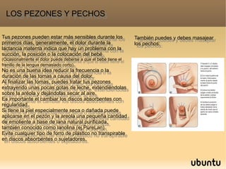 LOS PEZONES Y PECHOSLOS PEZONES Y PECHOS
Tus pezones pueden estar más sensibles durante los
primeros días, generalmente, el dolor durante la
lactancia materna indica que hay un problema con la
succión, la posición o la colocación del bebé
(Ocasionalmente el dolor puede deberse a que el bebé tiene el
frenillo de la lengua demasiado corto).
No es una buena idea reducir la frecuencia o la
duración de las tomas a causa del dolor.
Al finalizar las tomas, puedes tratar tus pezones
extrayendo unas pocas gotas de leche, extendiéndolas
sobre la aréola y dejándolas secar al aire.
Es importante el cambiar los discos absorbentes con
regularidad.
Si tiene la piel especialmente seca o dañada puede
aplicarse en el pezón y la areola una pequeña cantidad
de emoliente a base de lana natural purificada,
también conocido como lanolina (ej.PureLan).
Evite cualquier tipo de forro de plástico no transpirable
en discos absorbentes o sujetadores.
Tus pezones pueden estar más sensibles durante los
primeros días, generalmente, el dolor durante la
lactancia materna indica que hay un problema con la
succión, la posición o la colocación del bebé
(Ocasionalmente el dolor puede deberse a que el bebé tiene el
frenillo de la lengua demasiado corto).
No es una buena idea reducir la frecuencia o la
duración de las tomas a causa del dolor.
Al finalizar las tomas, puedes tratar tus pezones
extrayendo unas pocas gotas de leche, extendiéndolas
sobre la aréola y dejándolas secar al aire.
Es importante el cambiar los discos absorbentes con
regularidad.
Si tiene la piel especialmente seca o dañada puede
aplicarse en el pezón y la areola una pequeña cantidad
de emoliente a base de lana natural purificada,
también conocido como lanolina (ej.PureLan).
Evite cualquier tipo de forro de plástico no transpirable
en discos absorbentes o sujetadores.
También puedes y debes masajear
los pechos:
También puedes y debes masajear
los pechos:
 