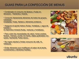 • Contemplar el consumo de lácteos y frutas en
almuerzo , merienda y recena.
• Consumir diariamente alimentos de todos los grupos,
sobretodo
ensaladas, frutas, lácteos y alimentos proteicos.
• Asegurar el aporte hídrico (frutas, hortalizas, y agua de
bebida) y
el vitamínico-mineral (frutas, verduras y hortalizas).
• Para cubrir las necesidades de calcio: tomar postres
lácteos, cremas y purés con leche, platos gratinados con
queso, bechamel, frutos secos...
• No ingerir alcohol y limitar consumo de café, té ,
refrescos.
• Evitar alimentos que modifiquen el sabor de la leche.
(condimentos y alimentos fuertes).
• Contemplar el consumo de lácteos y frutas en
almuerzo , merienda y recena.
• Consumir diariamente alimentos de todos los grupos,
sobretodo
ensaladas, frutas, lácteos y alimentos proteicos.
• Asegurar el aporte hídrico (frutas, hortalizas, y agua de
bebida) y
el vitamínico-mineral (frutas, verduras y hortalizas).
• Para cubrir las necesidades de calcio: tomar postres
lácteos, cremas y purés con leche, platos gratinados con
queso, bechamel, frutos secos...
• No ingerir alcohol y limitar consumo de café, té ,
refrescos.
• Evitar alimentos que modifiquen el sabor de la leche.
(condimentos y alimentos fuertes).
GUIAS PARA LA CONFECCIÓN DE MENUSGUIAS PARA LA CONFECCIÓN DE MENUS
 