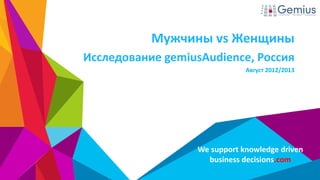 Мужчины vs Женщины
Исследование gemiusAudience, Россия
Август 2012/2013

We support knowledge driven
business decisions.com

 