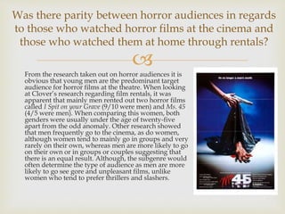 
From the research taken out on horror audiences it is
obvious that young men are the predominant target
audience for horror films at the theatre. When looking
at Clover’s research regarding film rentals, it was
apparent that mainly men rented out two horror films
called I Spit on your Grave (9/10 were men) and Ms. 45
(4/5 were men). When comparing this women, both
genders were usually under the age of twenty-five
apart from the odd anomaly. Other research showed
that men frequently go to the cinema, as do women,
although women tend to mainly go in groups and very
rarely on their own, whereas men are more likely to go
on their own or in groups or couples suggesting that
there is an equal result. Although, the subgenre would
often determine the type of audience as men are more
likely to go see gore and unpleasant films, unlike
women who tend to prefer thrillers and slashers.
Was there parity between horror audiences in regards
to those who watched horror films at the cinema and
those who watched them at home through rentals?
 