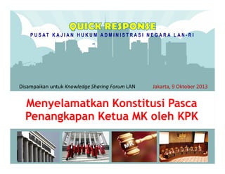 Menyelamatkan Konstitusi Pasca
Penangkapan Ketua MK oleh KPK
Jakarta, 9 Oktober 2013Disampaikan untuk Knowledge Sharing Forum LAN
P U S A T K A J I A N H U K U M A D M I N I S T R A S I N E G A R A L A N - R I
 