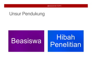 @iwanpranoto © 2013




Unsur Pendukung




                      Hibah
Beasiswa
                     Penelitian
 