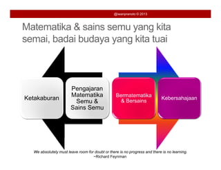 @iwanpranoto © 2013



Matematika & sains semu yang kita
                        y g
semai, badai budaya yang kita tuai



                       Pengajaran
                       Matematika                Bermatematika
Ketakaburan                                        & Bersains
                                                                            Kebersahajaan
                        Semu &
                       Sains Semu




  We absolutely must leave room for doubt or there is no progress and there is no learning.
                                   ~Richard Feynman
 