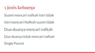 5 Jenis keluarga
Suami mencari nafkah Istri tidak
Istri mencari Nafkah suami tidak
Dua-duanya mencari nafkah
Dua-duanya tidak mencari nafkah
Single Parent
 