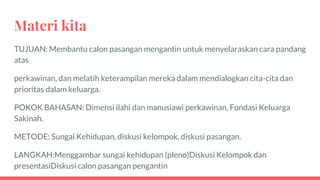 Materi kita
TUJUAN: Membantu calon pasangan mengantin untuk menyelaraskan cara pandang
atas
perkawinan, dan melatih keterampilan mereka dalam mendialogkan cita-cita dan
prioritas dalam keluarga.
POKOK BAHASAN: Dimensi ilahi dan manusiawi perkawinan, Fondasi Keluarga
Sakinah.
METODE: Sungai Kehidupan, diskusi kelompok, diskusi pasangan.
LANGKAH:Menggambar sungai kehidupan (pleno)Diskusi Kelompok dan
presentasiDiskusi calon pasangan pengantin
 