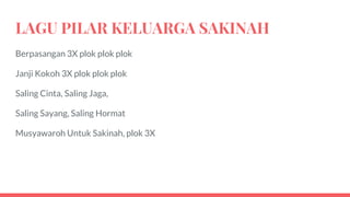 LAGU PILAR KELUARGA SAKINAH
Berpasangan 3X plok plok plok
Janji Kokoh 3X plok plok plok
Saling Cinta, Saling Jaga,
Saling Sayang, Saling Hormat
Musyawaroh Untuk Sakinah, plok 3X
 