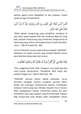 Menyingkap Mitos Wahhabi
         Menepis Pemahaman Keliru dan Hubungan Fiktif dengan bin Laden


perkara agama harus ditegakkan di atas landasan Tauhid
yang kuat agar menajdi benar.




“Maka apakah orang-orang yang mendirikan mesjidnya di
atas dasar taqwa kepada Allah dan keridhaan-(Nya) itu yang
baik, ataukah orang-orang yang mendirikan bangunannya di
tepi jurang yang runtuh, lalu bangunannya itu jatuh bersama-
sama...” (QS At-Taubah [9] : 109)

Cara ini bukanlah sesuatu yang terkhusus kepada “Wahhabi”.
Sebaliknya ini adalah sesuatu yang menjadi dakwah semua
para Nabi dari setiap waktu dan zaman.




“Dan sungguhnya Kami telah mengutus rasul pada tiap-tiap
umat (untuk menyerukan): "Sembahlah Allah (saja), dan
jauhilah Thaghut itu"” (QS An-Nahl [16] : 36)

“Wahhabi” percaya bahwa adalah perbuatan sia-sia
berusaha mengajak manusia mengikuti perintah dalam
ibadah dan hubungan interpersonal sebelum membangun
landasan Tauhid yang kuat. Mereka meyakini hal ini karena
Allah mengabarkan kepada mahluk-Nya bahwa Dia akan
memaafkan dosa bagi siapapun yang Dia kehendaki. Adapun
bagi orang-orang yang dengan sadar mengadakan sekutu

                                                                         93
http://www.raudhatulmuhibbin.org
 