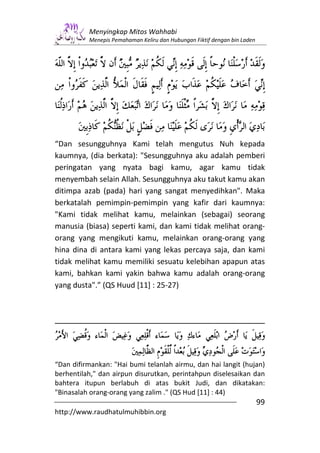 Menyingkap Mitos Wahhabi
          Menepis Pemahaman Keliru dan Hubungan Fiktif dengan bin Laden




“Dan sesungguhnya Kami telah mengutus Nuh kepada
kaumnya, (dia berkata): "Sesungguhnya aku adalah pemberi
peringatan yang nyata bagi kamu, agar kamu tidak
menyembah selain Allah. Sesungguhnya aku takut kamu akan
ditimpa azab (pada) hari yang sangat menyedihkan". Maka
berkatalah pemimpin-pemimpin yang kafir dari kaumnya:
"Kami tidak melihat kamu, melainkan (sebagai) seorang
manusia (biasa) seperti kami, dan kami tidak melihat orang-
orang yang mengikuti kamu, melainkan orang-orang yang
hina dina di antara kami yang lekas percaya saja, dan kami
tidak melihat kamu memiliki sesuatu kelebihan apapun atas
kami, bahkan kami yakin bahwa kamu adalah orang-orang
yang dusta".” (QS Huud [11] : 25-27)




“Dan difirmankan: "Hai bumi telanlah airmu, dan hai langit (hujan)
berhentilah," dan airpun disurutkan, perintahpun diselesaikan dan
bahtera itupun berlabuh di atas bukit Judi, dan dikatakan:
"Binasalah orang-orang yang zalim ." (QS Hud [11] : 44)
                                                                          99
http://www.raudhatulmuhibbin.org
 