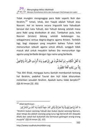 Menyingkap Mitos Wahhabi
              Menepis Pemahaman Keliru dan Hubungan Fiktif dengan bin Laden


Tidak mungkin menganggap para Nabi seperti Nuh dan
Ibrahim,187 Ismail, Ishak, dan Yaqub adalah Yahudi atau
Nasrani. Hal ini karena secara linguistik kata Yahudiyah
berasal dari kata Yahudi, dan Yahudi datang setelah masa
para Nabi yang disebutkan di atas. Tambahan pula, kata
Nasrani (kristen) datang setelah kedatangan Isa,
sebagaimana semua dogma-dogma agama Kristen. Terlebih
lagi, bagi siapapun yang meyakini bahwa Tuhan telah
menurunkan sebuah agama untuk diikuti, sungguh tidak
masuk akal untuk meyakini bahwa Dia menurunkan tiga
agama yang berbeda dengan tiga nama yang berbeda.




“Hai Ahli Kitab, mengapa kamu bantah membantah tentang
hal Ibrahim, padahal Taurat dan Injil tidak diturunkan
melainkan sesudah Ibrahim. Apakah kamu tidak berpikir?”
(QS Al-Imran [3] : 65)




187
      Allah berfriman:


“Ibrahim bukan seorang Yahudi dan bukan (pula) seorang Nasrani,
akan tetapi dia adalah seorang yang lurus lagi berserah diri (kepada
Allah) dan sekali-kali bukanlah dia termasuk golongan orang-orang
musyrik” (QS Al-Imran [3] : 67)
                                                                         162
http://www.raudhatulmuhibbin.org
 