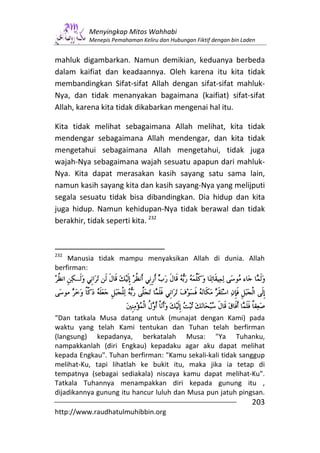 Menyingkap Mitos Wahhabi
          Menepis Pemahaman Keliru dan Hubungan Fiktif dengan bin Laden


mahluk digambarkan. Namun demikian, keduanya berbeda
dalam kaifiat dan keadaannya. Oleh karena itu kita tidak
membandingkan Sifat-sifat Allah dengan sifat-sifat mahluk-
Nya, dan tidak menanyakan bagaimana (kaifiat) sifat-sifat
Allah, karena kita tidak dikabarkan mengenai hal itu.

Kita tidak melihat sebagaimana Allah melihat, kita tidak
mendengar sebagaimana Allah mendengar, dan kita tidak
mengetahui sebagaimana Allah mengetahui, tidak juga
wajah-Nya sebagaimana wajah sesuatu apapun dari mahluk-
Nya. Kita dapat merasakan kasih sayang satu sama lain,
namun kasih sayang kita dan kasih sayang-Nya yang melijputi
segala sesuatu tidak bisa dibandingkan. Dia hidup dan kita
juga hidup. Namun kehidupan-Nya tidak berawal dan tidak
berakhir, tidak seperti kita. 232


232
    Manusia tidak mampu menyaksikan Allah di dunia. Allah
berfirman:




“Dan tatkala Musa datang untuk (munajat dengan Kami) pada
waktu yang telah Kami tentukan dan Tuhan telah berfirman
(langsung) kepadanya, berkatalah Musa: "Ya Tuhanku,
nampakkanlah (diri Engkau) kepadaku agar aku dapat melihat
kepada Engkau". Tuhan berfirman: "Kamu sekali-kali tidak sanggup
melihat-Ku, tapi lihatlah ke bukit itu, maka jika ia tetap di
tempatnya (sebagai sediakala) niscaya kamu dapat melihat-Ku".
Tatkala Tuhannya menampakkan diri kepada gunung itu ,
dijadikannya gunung itu hancur luluh dan Musa pun jatuh pingsan.
                                                                     203
http://www.raudhatulmuhibbin.org
 