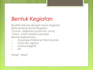 Bentuk Kegiatan
Buatlah relevan dengan tujuan kegiatan
Berisi tentang format kegiatan
Contoh : kegiatan/ acara isro’ mi’roj
Tema : misal: teladan rasulullah
Bentuk kegiatannya :
1. Kunjungan/Visitasi ke Panti Asuhan
2. Ceramah agama
3. Lomba kaligrafi
4. Dll
Prinsip” What”
 