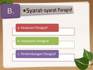a. Kesatuan Paragraf


b. Kepaduan Paragraf


c. Perkembangan Paragraf
 