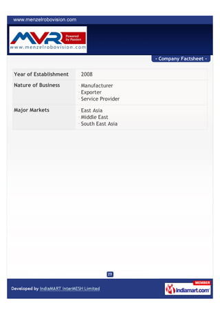 - Company Factsheet -


Year of Establishment   2008

Nature of Business      Manufacturer
                        Exporter
                        Service Provider

Major Markets           East Asia
                        Middle East
                        South East Asia
 