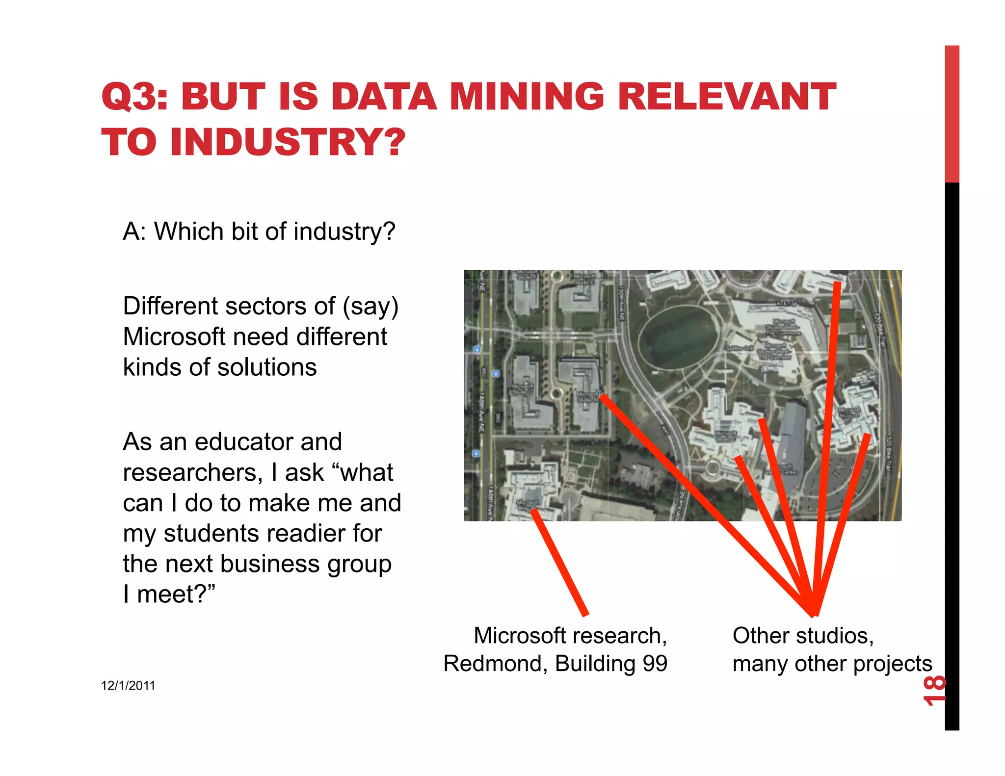 Q3: BUT IS DATA MINING RELEVANT
TO INDUSTRY?

   A: Which bit of industry?

   Different sectors of (say)
   Microsoft need different
   kinds of solutions

   As an educator and
   researchers, I ask “what
   can I do to make me and
   my students readier for
   the next business group
   I meet?”
                                  Microsoft research,   Other studios,
                                Redmond, Building 99    many other projects




                                                                         18
12/1/2011
 