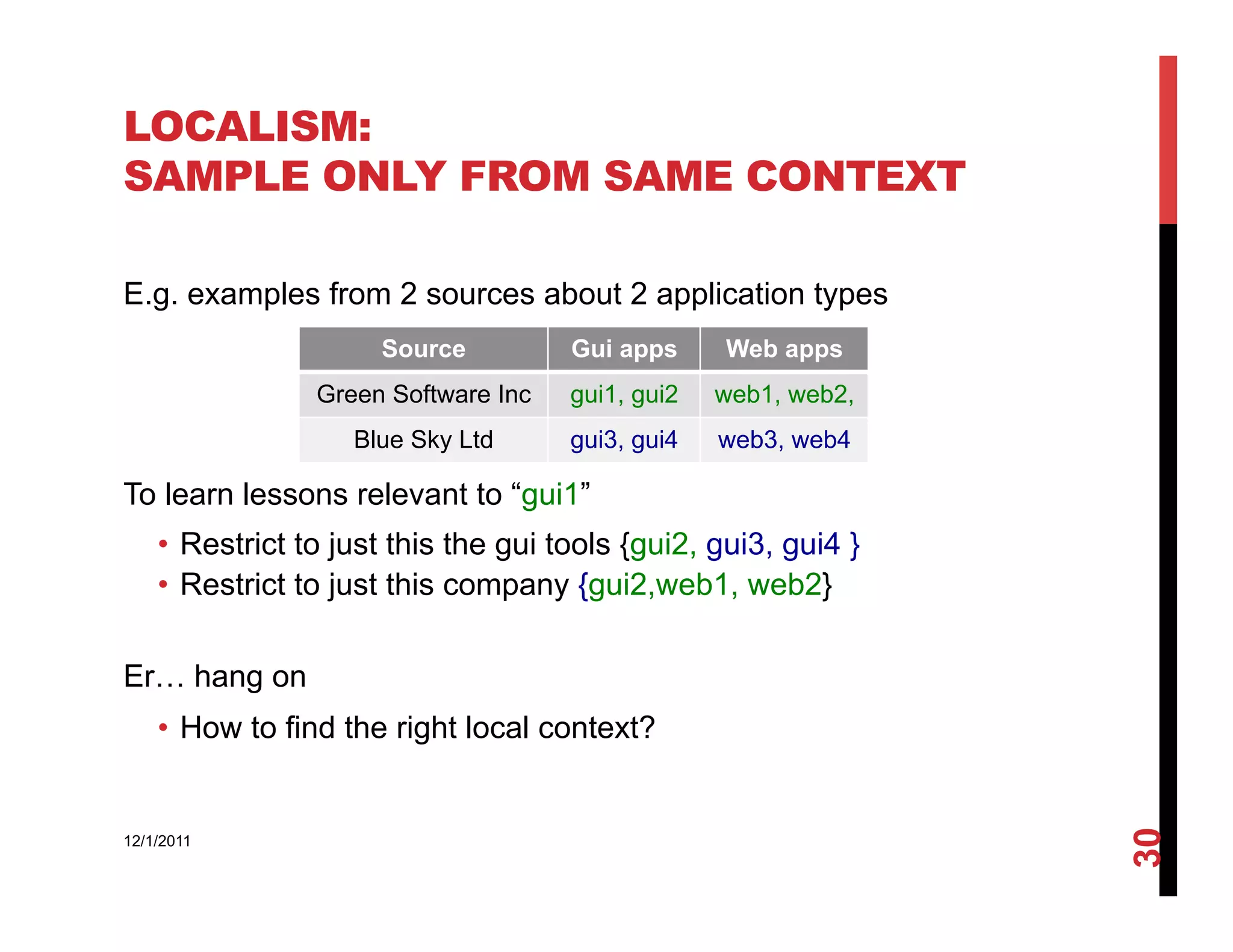 LOCALISM:
SAMPLE ONLY FROM SAME CONTEXT

E.g. examples from 2 sources about 2 application types
                      Source          Gui apps     Web apps
                 Green Software Inc   gui1, gui2   web1, web2,
                    Blue Sky Ltd      gui3, gui4   web3, web4

To learn lessons relevant to “gui1”
    •  Restrict to just this the gui tools {gui2, gui3, gui4 }
    •  Restrict to just this company {gui2,web1, web2}

Er… hang on
    •  How to find the right local context?




                                                                 30
12/1/2011
 