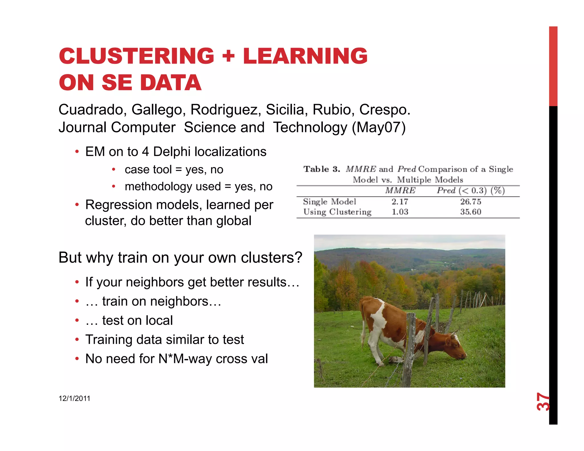 CLUSTERING + LEARNING
ON SE DATA
Cuadrado, Gallego, Rodriguez, Sicilia, Rubio, Crespo.
Journal Computer Science and Technology (May07)
    •  EM on to 4 Delphi localizations
             •  case tool = yes, no
             •  methodology used = yes, no
    •  Regression models, learned per
       cluster, do better than global

But why train on your own clusters?
    •    If your neighbors get better results…
    •    … train on neighbors…
    •    … test on local
    •    Training data similar to test
    •    No need for N*M-way cross val




                                                        37
12/1/2011
 
