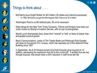Things to think about . . .
 McClatchy buys Knight Ridder for $4.5 billion (32 dailies and internet businesses)
 In 1998, McClatchy bought the Minneapolis Star-Tribune for $1.4 billion
 Washington Post to cut 80 editorial jobs, 9% of its newsroom
 Debt ratings for the New York Times Company, Tribune and Scripps have been put
under review by Moody's Investors Service, with an eye to downgrades.
 Merrill Lynch downgrades Dow Jones from "neutral" to "sell“ on fears of slower than
anticipated revenue growth
 Block Communications, owner of The Toledo Blade and Pittsburgh Post-Gazette,
will close its five-person D.C. bureau, which has operated out of the National Press
Building since 1927
 In September, the E.W Scripps-owned Cincinnati Enquirer gave buyouts to 15
staffers, decreasing the newsroom from 80 to the current 65. If another five are lost
through buyouts, that would mean a 25% reduction in staff since last fall.
 