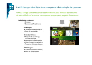 7.MEO Energy – Identificar áreas com potencial de redução de consumo

O MEO Energy apresenta várias recomendações para redução do consumo
de eletricidade no lar com a consequente poupança da pegada de carbono.

  Redução dos consumos:
          •Em casa;
          •Quando está fora de casa.

          Iluminação:
          •Cuidados com a iluminação;
          •Tipos de iluminação.

          Eletrodomésticos:
          •Máquina de lavar louça,
           lavar/secar roupa;
          •Forno/placa e micro-ondas;
          •Frigorífico/arca congeladora;
          •Pequenos eletrodomésticos.

          Climatização:
          •Cuidados com o isolamento;
          •Tipos de aquecimento.
 