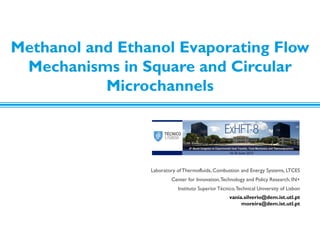 Methanol and Ethanol Evaporating Flow
Mechanisms in Square and Circular
Microchannels

Laboratory of Thermofluids, Combustion and Energy Systems, LTCES
Center for Innovation, Technology and Policy Research, IN+
Instituto Superior Técnico, Technical University of Lisbon
vania.silverio@dem.ist.utl.pt
moreira@dem.ist.utl.pt

 