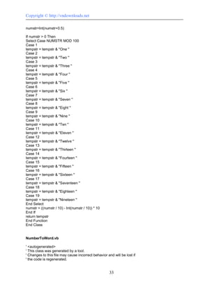 Copyright © http://vndownloads.net

numstr=Int(numstr+0.5)

If numstr > 0 Then
Select Case NUMSTR MOD 100
Case 1
tempstr = tempstr & ''One ''
Case 2
tempstr = tempstr & ''Two ''
Case 3
tempstr = tempstr & ''Three ''
Case 4
tempstr = tempstr & ''Four ''
Case 5
tempstr = tempstr & ''Five ''
Case 6
tempstr = tempstr & ''Six ''
Case 7
tempstr = tempstr & ''Seven ''
Case 8
tempstr = tempstr & ''Eight ''
Case 9
tempstr = tempstr & ''Nine ''
Case 10
tempstr = tempstr & ''Ten ''
Case 11
tempstr = tempstr & ''Eleven ''
Case 12
tempstr = tempstr & ''Twelve ''
Case 13
tempstr = tempstr & ''Thirteen ''
Case 14
tempstr = tempstr & ''Fourteen ''
Case 15
tempstr = tempstr & ''Fifteen ''
Case 16
tempstr = tempstr & ''Sixteen ''
Case 17
tempstr = tempstr & ''Seventeen ''
Case 18
tempstr = tempstr & ''Eighteen ''
Case 19
tempstr = tempstr & ''Nineteen ''
End Select
numstr = ((numstr / 10) - Int(numstr / 10)) * 10
End If
return tempstr
End Function
End Class


NumberToWord.vb

' <autogenerated>
' This class was generated by a tool.
' Changes to this file may cause incorrect behavior and will be lost if
' the code is regenerated.


                                                      33
 