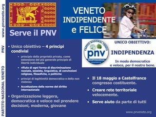 Serve il PNV Unico obiettivo –  4 principi condivisi principio della proprietà privata, come estensione del più generale principio di libertà individuale rifiuto di ogni forma di discriminazione razziale, sessista, linguistica, di convinzioni religiose, filosofiche, o politiche principi di legittimità democratica e della non violenza Accettazione delle norme del diritto internazionale Organizzazione leggera, democratica e veloce nel prendere decisioni, moderna, giovane Il 18 maggio a Castelfranco  congresso costituente. Creare rete territoriale  velocemente. Serve aiuto  da parte di tutti 