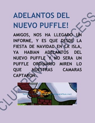 ADELANTOS DEL
NUEVO PUFFLE!
AMIGOS, NOS HA LLEGADO UN
INFORME, Y ES QUE DESDE LA
FIESTA DE NAVIDAD EN LA ISLA,
YA HABIAN ADELANTOS DEL
NUEVO PUFFLE Y NO SERA UN
PUFFLE ORDINARIO MIREN LO
QUE     NUESTRAS    CAMARAS
CAPTARON.
 