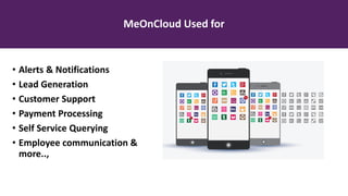 MeOnCloud Used for
• Alerts & Notifications
• Lead Generation
• Customer Support
• Payment Processing
• Self Service Querying
• Employee communication &
more..,
 