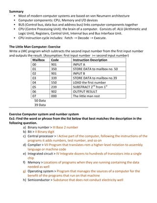 Summary	
  
                       • Most	
  of	
  modern	
  computer	
  systems	
  are	
  based	
  on	
  von	
  Neumann	
  architecture	
  	
  
                       • Computer	
  components:	
  CPU,	
  Memory	
  and	
  I/O	
  devices	
  	
  
                       • BUS	
  (Control	
  bus,	
  data	
  bus	
  and	
  address	
  bus)	
  links	
  computer	
  components	
  together	
  
                       • CPU	
  (Centre	
  Processing	
  Unit):	
  the	
  brain	
  of	
  a	
  computer.	
  	
  Consists	
  of:	
  ALU	
  (Arithmetic	
  and	
  
                                              Logic	
  Unit),	
  Registers,	
  Control	
  Unit,	
  Internal	
  bus	
  and	
  Bus	
  Interface	
  Unit.	
  	
  
                       • CPU	
  instruction	
  cycle	
  includes:	
  	
  Fetch	
  →	
  Decode	
  →	
  Execute.	
  
	
  
The	
  Little	
  Man	
  Computer:	
  Exercise	
  
Write	
  a	
  LMC	
  program	
  which	
  subtracts	
  the	
  second	
  input	
  number	
  from	
  the	
  first	
  input	
  number	
  
and	
  outputs	
  the	
  result.	
  (Assumption:	
  first	
  input	
  number	
  	
  >=	
  second	
  input	
  number)	
  
                                                                                                                  Mailbox	
                Code	
   Instruction	
  Description	
  
                                                                                                                  00	
                     901	
    INPUT	
  A	
  
                                                                                                                  01	
                     350	
    STORE	
  DATA	
  to	
  mailbox	
  no.	
  50	
  
                                                                                                                  02	
                     901	
    INPUT	
  B	
  
                                                                                                                  03	
                     339	
    STORE	
  DATA	
  to	
  mailbox	
  no.39	
  
                                                                                                                  04	
                     550	
    LOAD	
  the	
  first	
  number	
  
                                                                                                                  05	
                     239	
    SUBSTRACT	
  2nd	
  from	
  1st	
  	
  
                                                                                                                  06	
  	
                 902	
    OUTPUT	
  RESULT	
  
                                                                                                                  07	
                     000	
    The	
  little	
  man	
  rest	
  
	
  	
  	
  	
  	
  	
  	
  	
  	
  	
  	
  	
  	
  	
  	
  	
  	
  	
  	
  	
  	
  	
  	
  	
  	
  	
  	
  	
  	
  	
  	
  50	
  Data	
  
	
  	
  	
  	
  	
  	
  	
  	
  	
  	
  	
  	
  	
  	
  	
  	
  	
  	
  	
  	
  	
  	
  	
  	
  	
  	
  	
  	
  	
  	
  	
  39	
  Data	
  
	
  
Exercise	
  Computer	
  system	
  and	
  number	
  system	
  
Ex1:	
  Find	
  the	
  word	
  or	
  phrase	
  from	
  the	
  list	
  below	
  that	
  best	
  matches	
  the	
  description	
  in	
  the	
  
folloeing	
  question.	
  	
  
                                                                    a) Binary	
  number	
  >	
  III	
  Base	
  2	
  number	
  
                                                                    b) Bit	
  >	
  II	
  Binary	
  digit	
  
                                                                    c) Central	
  processor	
  >	
  I	
  Active	
  part	
  of	
  the	
  computer,	
  following	
  the	
  instructions	
  of	
  the	
  
                                                                                           programs	
  it	
  adds	
  numbers,	
  test	
  number,	
  and	
  so	
  on	
  
                                                                    d) Complier	
  >	
  VII	
  Program	
  that	
  translates	
  rom	
  a	
  higher-­‐level	
  notation	
  to	
  assembly	
  
                                                                                           language	
  or	
  machine	
  code	
  
                                                                    e) Integrated	
  circuit	
  >	
  IV	
  Integrate	
  dozens	
  to	
  hundreds	
  of	
  transistors	
  into	
  a	
  single	
  
                                                                                           chip	
  
                                                                    f) Memory	
  >	
  Locations	
  of	
  programs	
  when	
  they	
  are	
  running	
  containing	
  the	
  data	
  
                                                                                           needed	
  as	
  well	
  
                                                                    g) Operating	
  system	
  >	
  Program	
  that	
  manages	
  the	
  sources	
  of	
  a	
  computer	
  for	
  the	
  
                                                                                           benefit	
  of	
  the	
  programs	
  that	
  run	
  on	
  that	
  machine	
  	
  
                                                                    h) Semiconductor	
  >	
  Substance	
  that	
  does	
  not	
  conduct	
  electricity	
  well	
  
                                                                                           	
  

	
  
                                                                                                                                                                                                11	
  
 