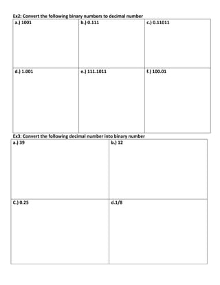 Ex2:	
  Convert	
  the	
  following	
  binary	
  numbers	
  to	
  decimal	
  number	
  
 a.)	
  1001	
                              b.)	
  0.111	
                              c.)	
  0.11011	
  




       d.)	
  1.001	
                        e.)	
  111.1011	
                             f.)	
  100.01	
  




Ex3:	
  Convert	
  the	
  following	
  decimal	
  number	
  into	
  binary	
  number	
  
a.)	
  39	
                                                    b.)	
  12	
  




C.)	
  0.25	
                                                      d.1/8	
  




	
  
                                                                                                               12	
  
 